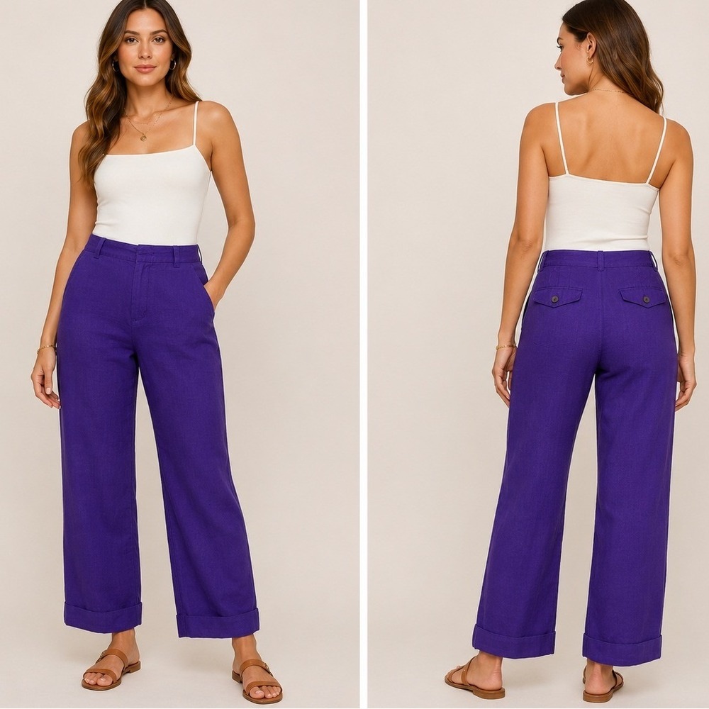 Coldwater Creek Natural Fit Linen Pants Women's 8 Purple Herringbone Wide Leg